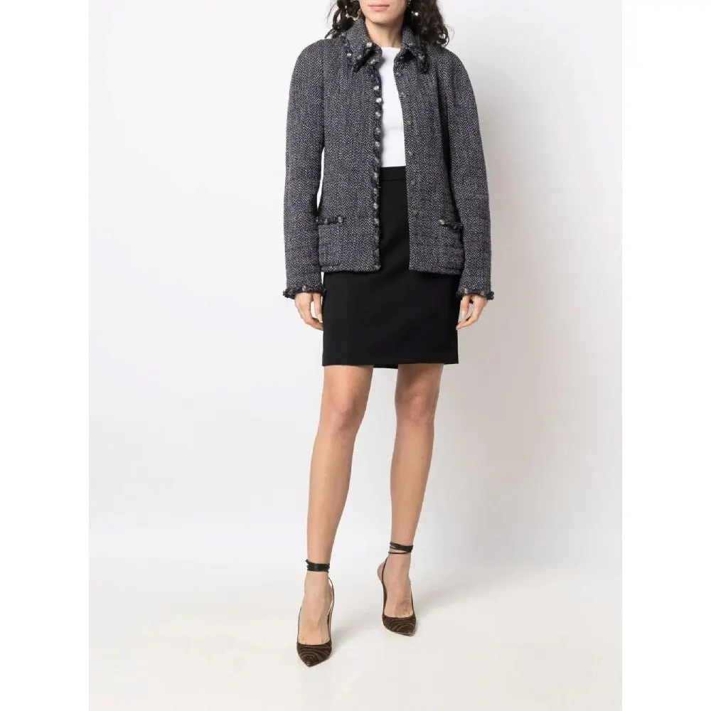 Chanel Blue Herringbone Wool Jacket - 2000s Blue Wool Good - Back View