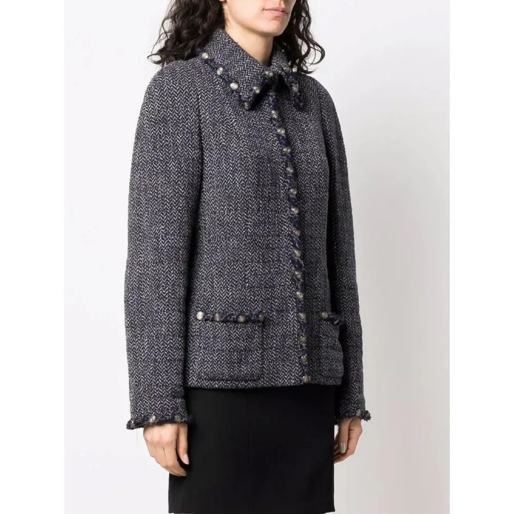 Chanel Blue Herringbone Wool Jacket - 2000s Blue Wool Good - Inside View