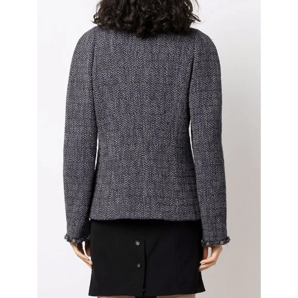 Chanel Blue Herringbone Wool Jacket - 2000s Blue Wool Good - Model View