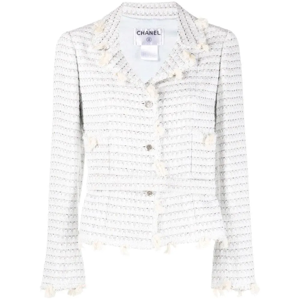 Chanel White Cotton Bouclé Jacket - 2000s White Cotton Good - Front View