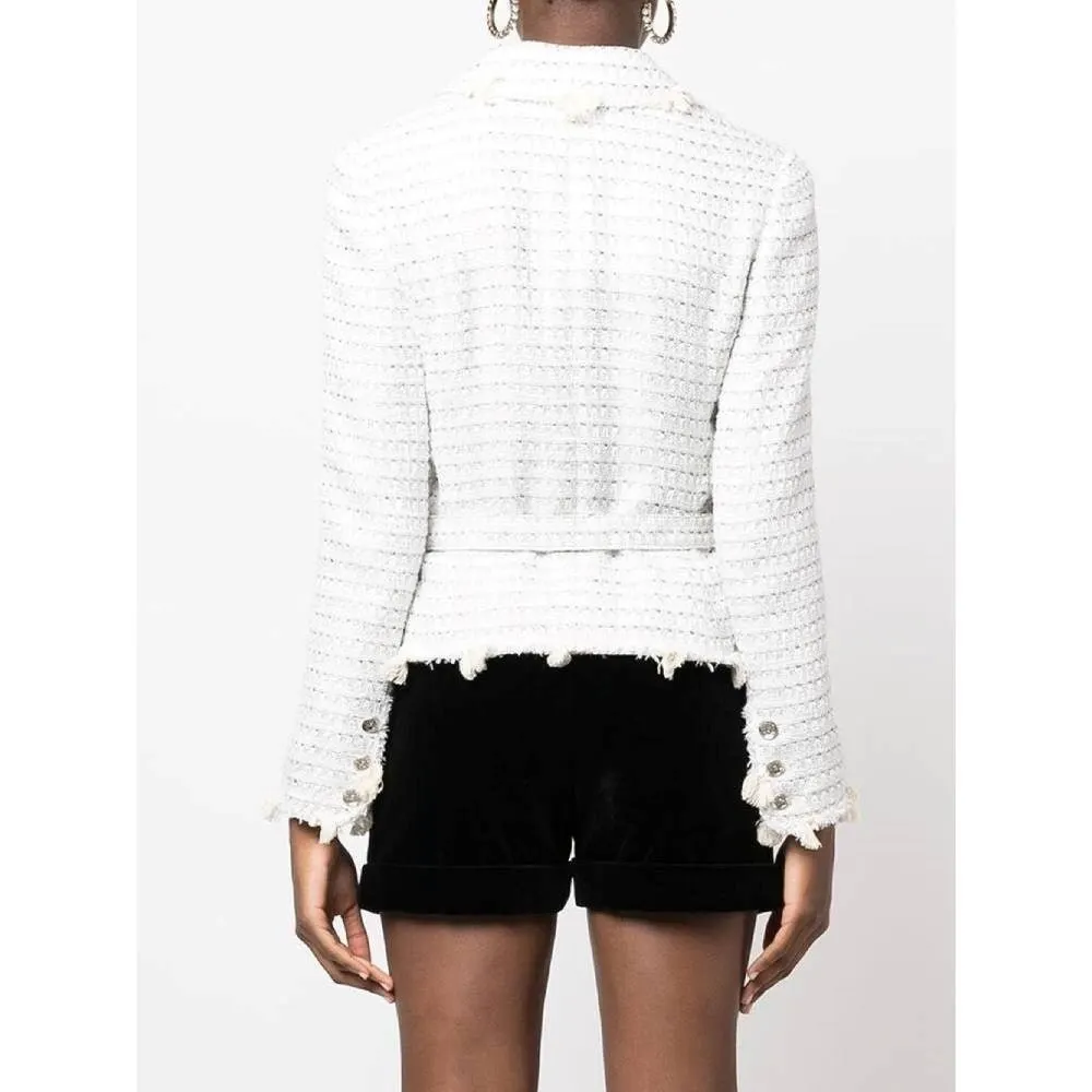 Chanel White Cotton Bouclé Jacket - 2000s White Cotton Good - Model View