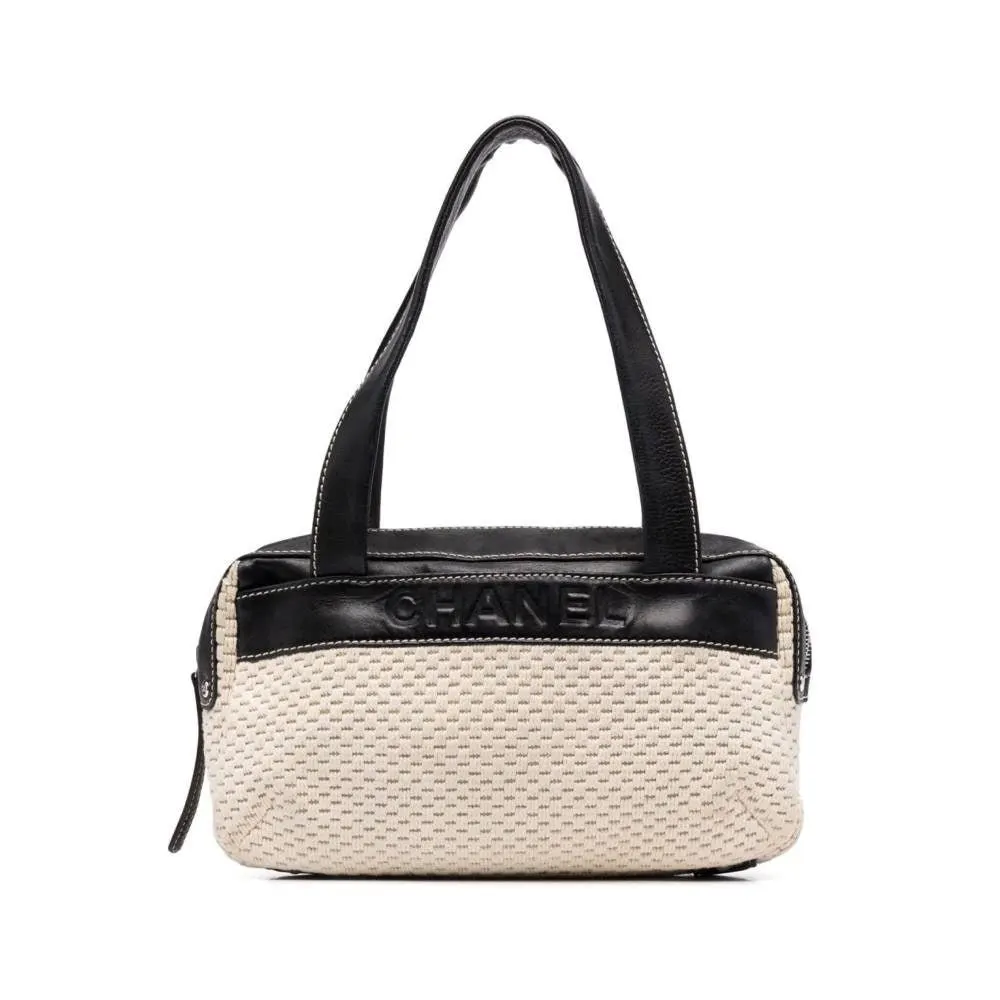 Chanel Bicolor Fabric and Leather Shoulder Bag - 2000s Beige Leather Good - Front View