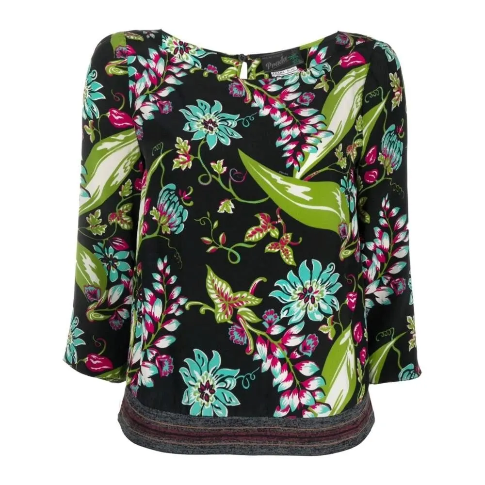 Prada Multicolor Floral Silk Blouse - 2010s Black Silk Good - Front View