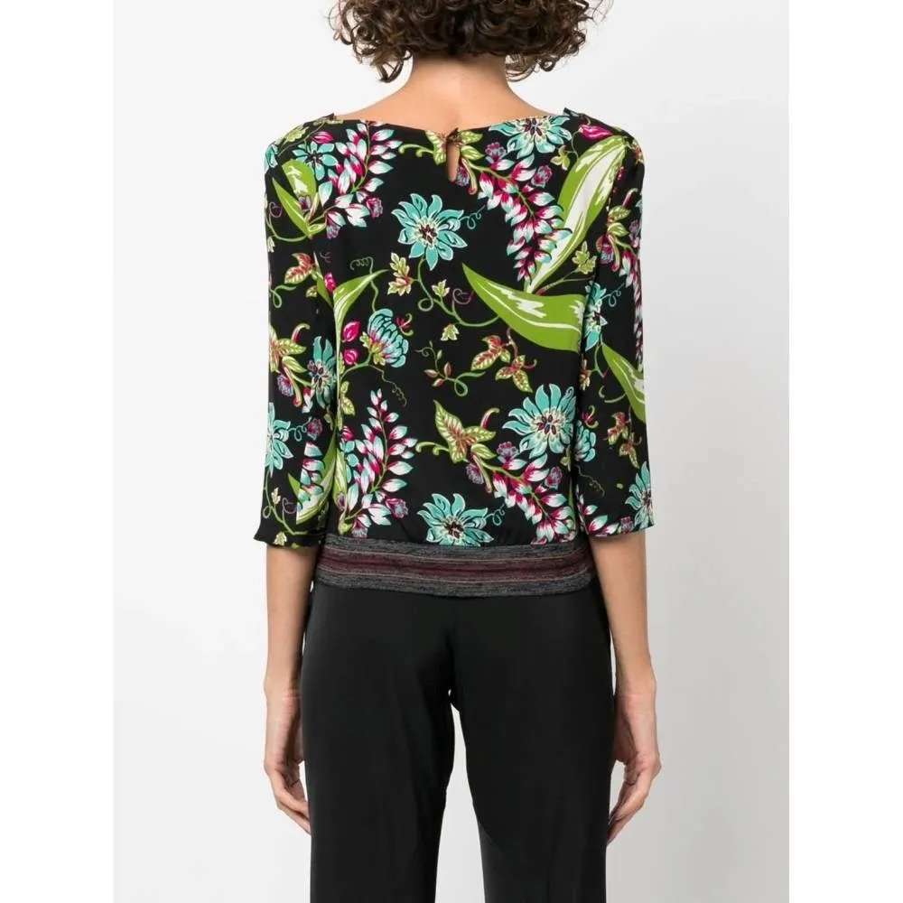 Prada Multicolor Floral Silk Blouse - 2010s Black Silk Good - Model View