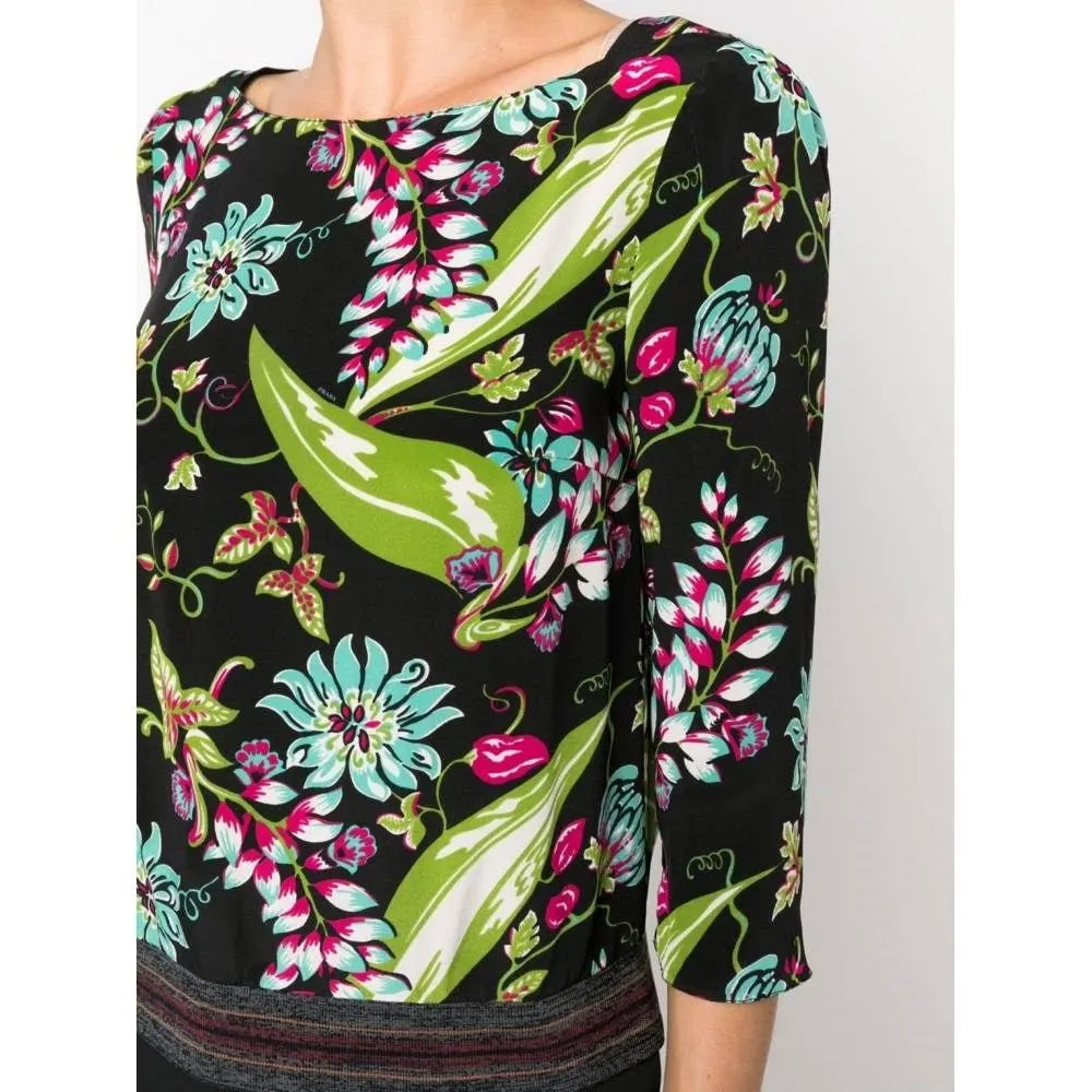 Prada Multicolor Floral Silk Blouse - 2010s Black Silk Good - Box View