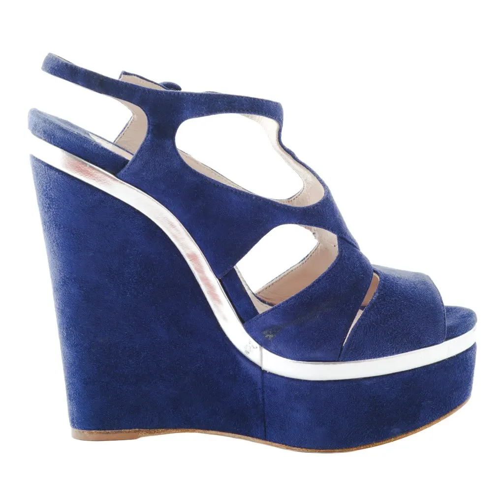 Miu Miu Cut-Out Wedge Platform Sandals In Blue Suede - '10s Blue Suede Good - Front View