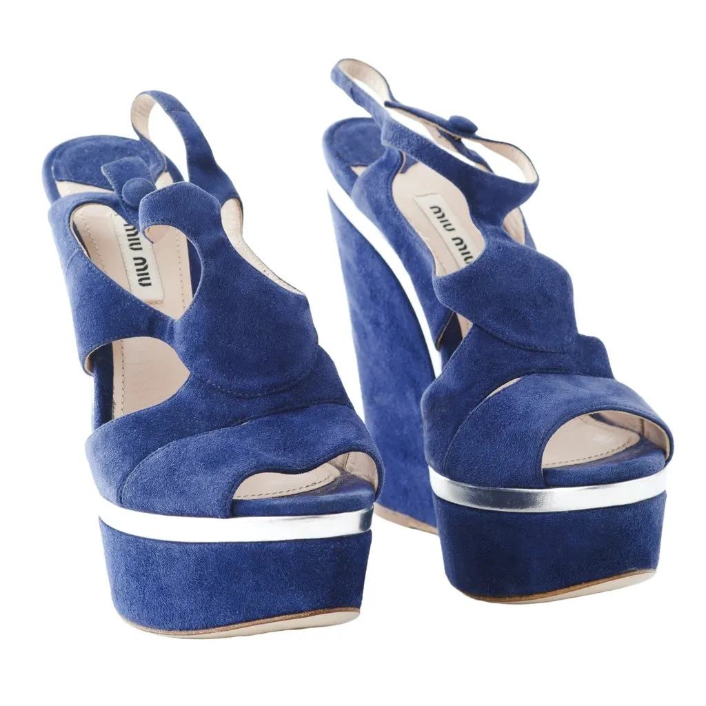 Miu Miu Cut-Out Wedge Platform Sandals In Blue Suede - '10s Blue Suede Good - Back View