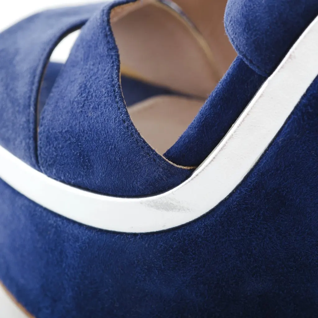Miu Miu Cut-Out Wedge Platform Sandals In Blue Suede - '10s Blue Suede Good - Model View