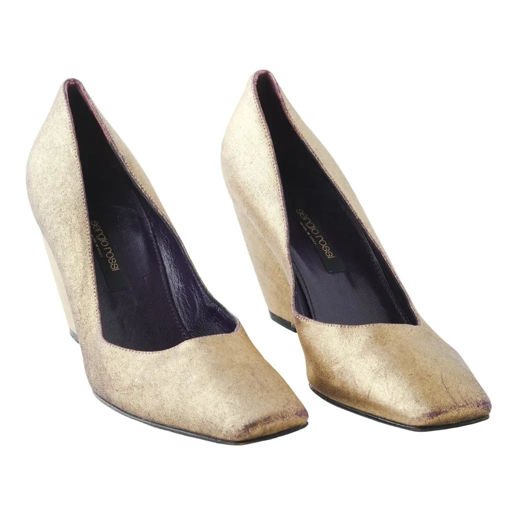 Sergio Rossi Wedge Pumps Gold - '10s Gold Leather Good - Back View