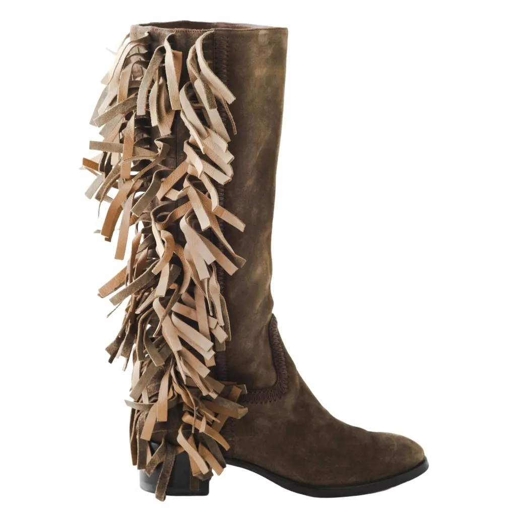 Unsigned Santoni Brown Suede Fringe Boots - '10s Brown Suede Good - Front View