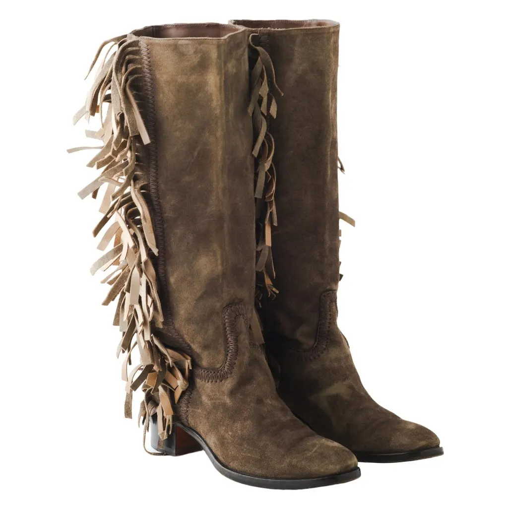 Unsigned Santoni Brown Suede Fringe Boots - '10s Brown Suede Good - Back View