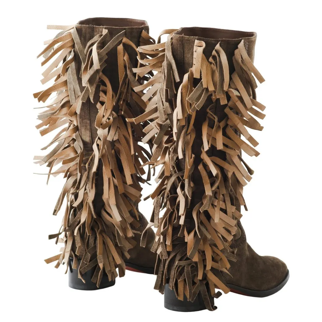 Unsigned Santoni Brown Suede Fringe Boots - '10s Brown Suede Good - Inside View