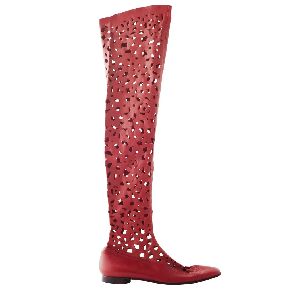 Romeo Gigli Perforated Over-The-Knee Boots - '00s Red Leather Good - Front View