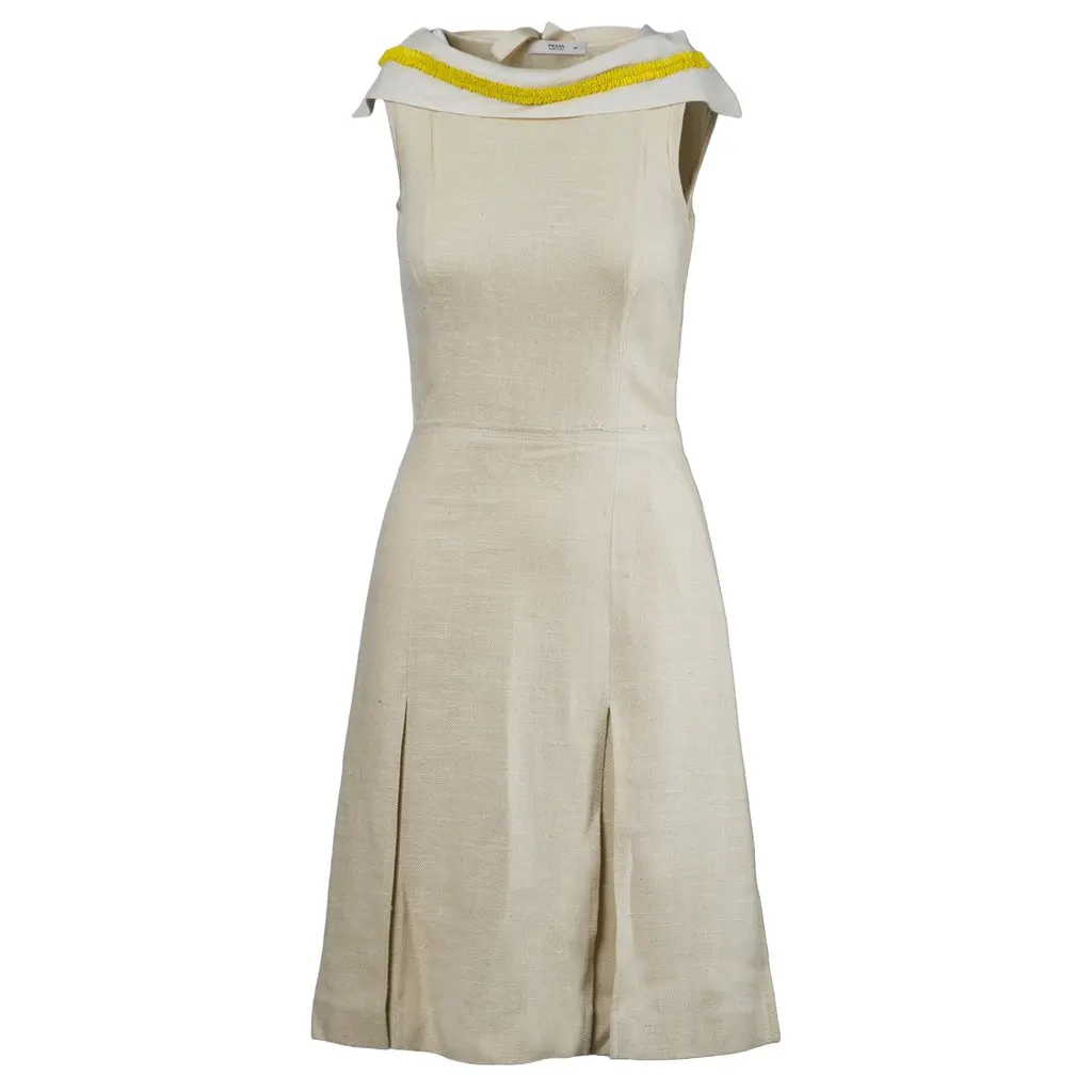 Prada Silk-Blend Dress with Yellow Bead Detailing - '10s Yellow Silk Good - Front View