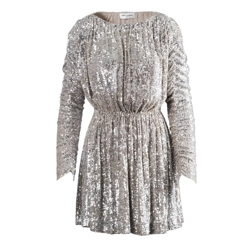 Saint Laurent Silver Sequin Embellished Mini Dress - '20s Silver Good - Front View