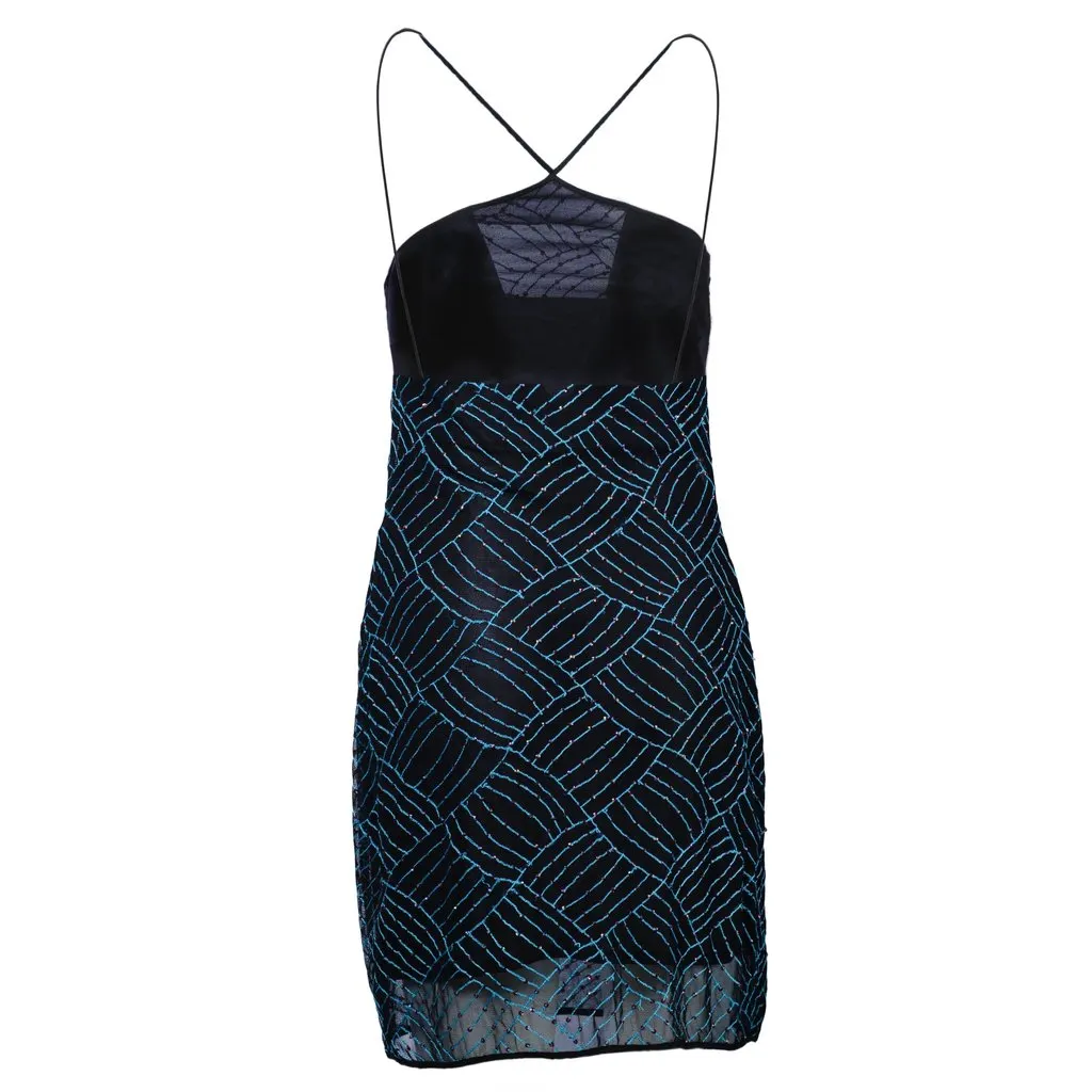 Unsigned Lili Petrus Mini Dress with Sequins and Criss-Cross Straps - '10s MultiColor Good - Inside View