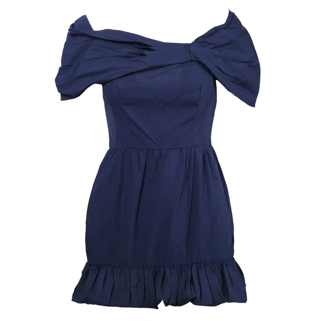 Prada Mini Blue Dress with Off-the-Shoulder Neckline and Ruffled Hem- '10s Blue Good - Front View
