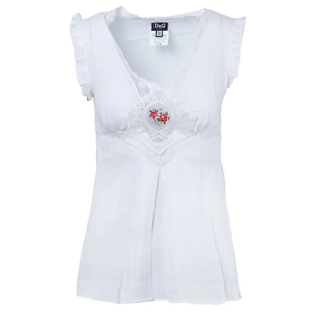Dolce & Gabbana Floral Lace Top with Ruffled Cap Sleeves - '10s White Lace Good - Front View