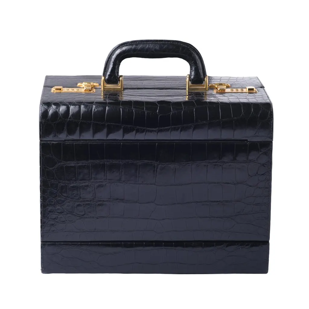 Unsigned Jardin des Sacs Crocodile Leather Beauty Case - '60s Black Leather Good - Front View