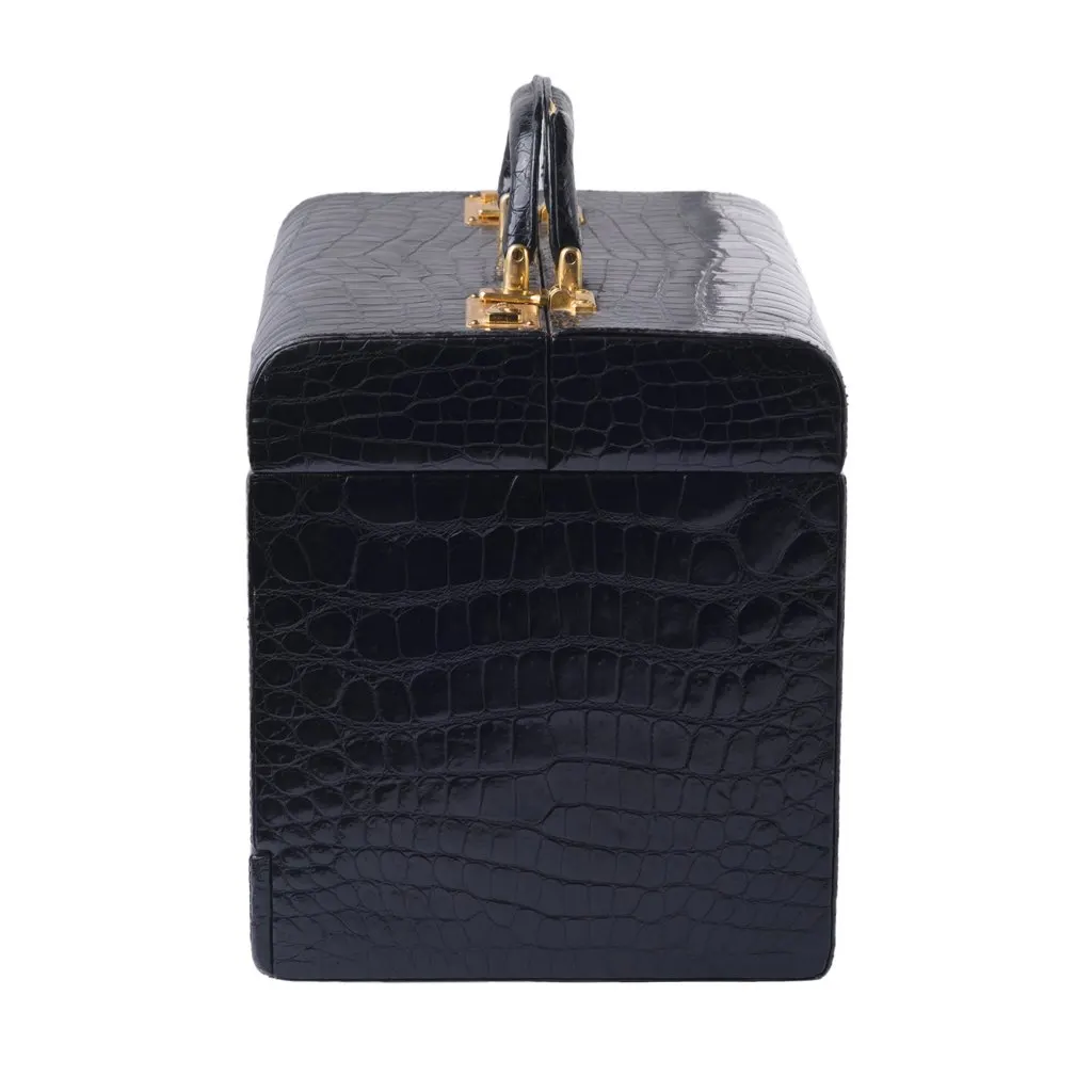 Unsigned Jardin des Sacs Crocodile Leather Beauty Case - '60s Black Leather Good - Back View