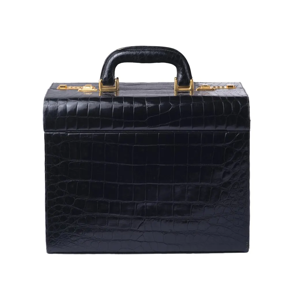 Unsigned Jardin des Sacs Crocodile Leather Beauty Case - '60s Black Leather Good - Inside View