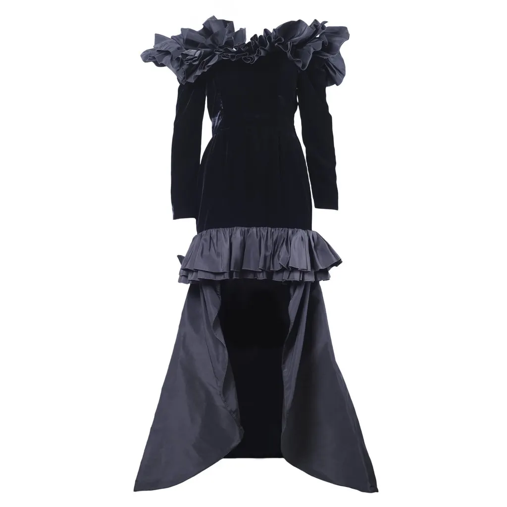 Yves Saint Laurent Black Velvet Dress with Ruffle Shoulders and High-Low Skirt - '80s Black Velvet Good - Front View