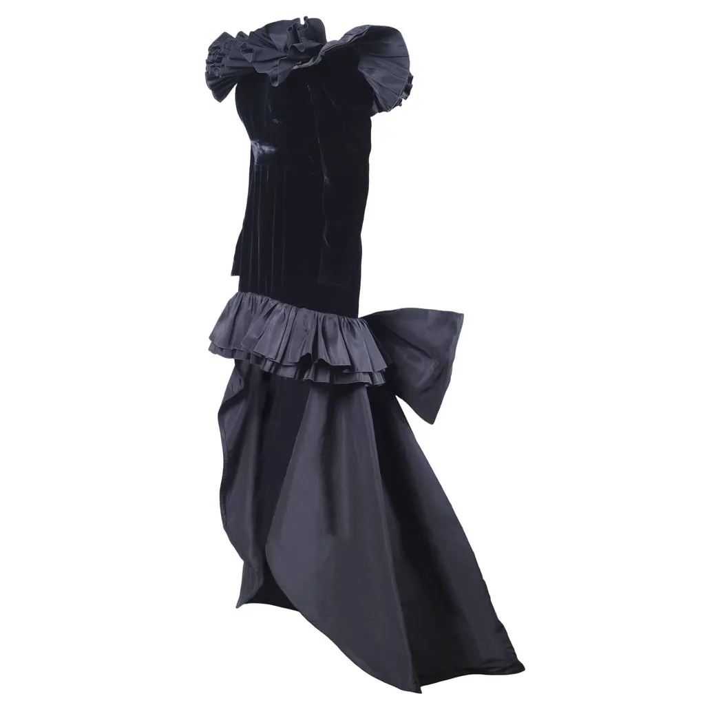 Yves Saint Laurent Black Velvet Dress with Ruffle Shoulders and High-Low Skirt - '80s Black Velvet Good - Inside View