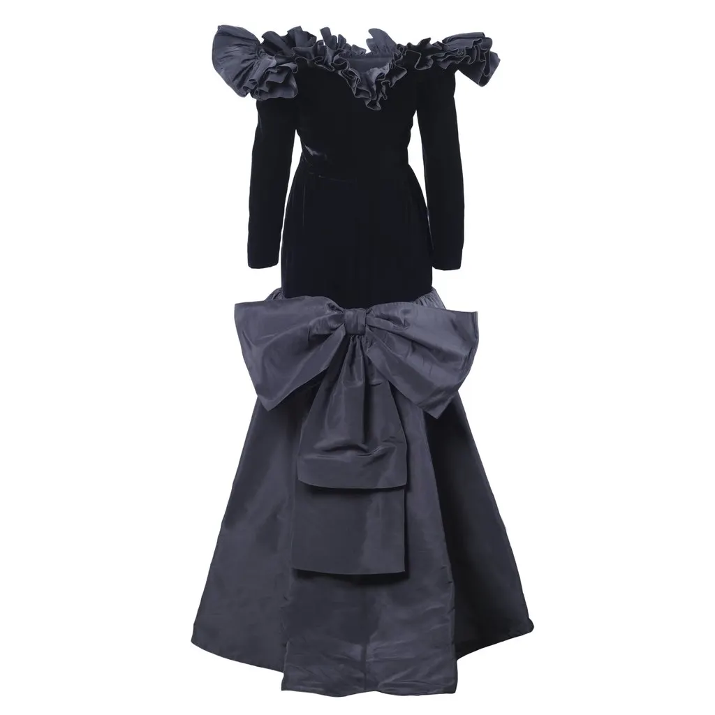 Yves Saint Laurent Black Velvet Dress with Ruffle Shoulders and High-Low Skirt - '80s Black Velvet Good - Model View