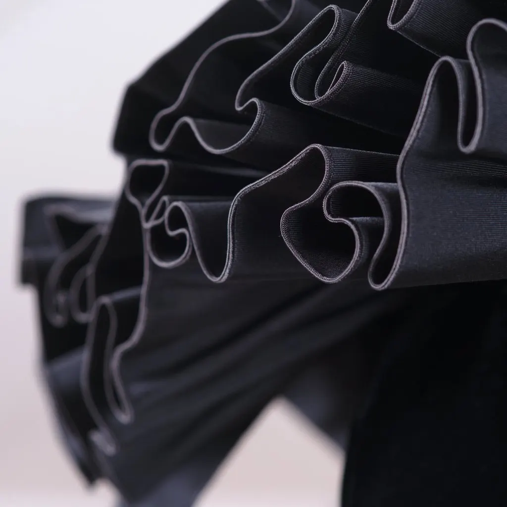 Yves Saint Laurent Black Velvet Dress with Ruffle Shoulders and High-Low Skirt - '80s Black Velvet Good - Box View