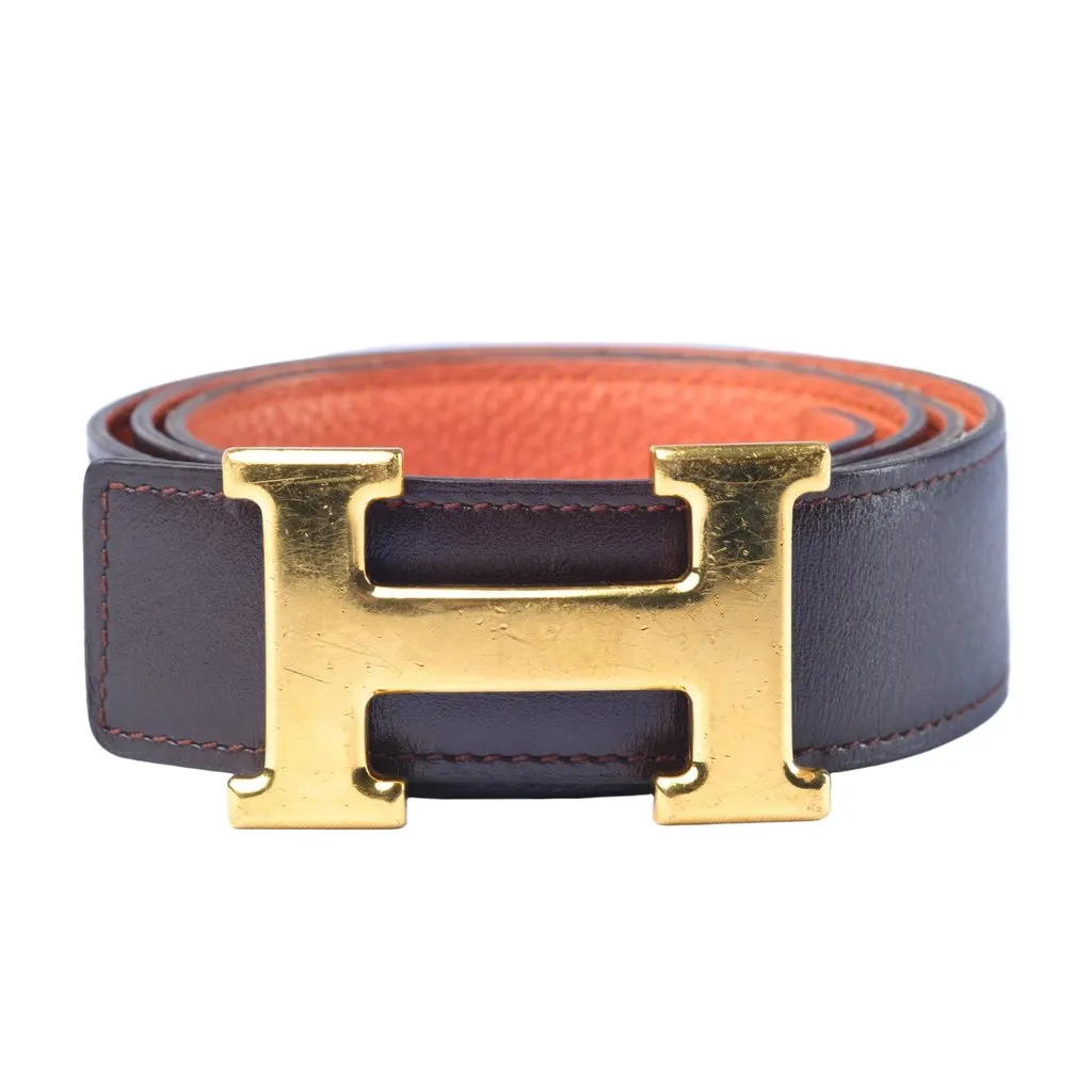 Hermès Orange/Chocolat Togo and Box Leather H Buckle Reversible Belt -'00s Orange Leather Good - Front View