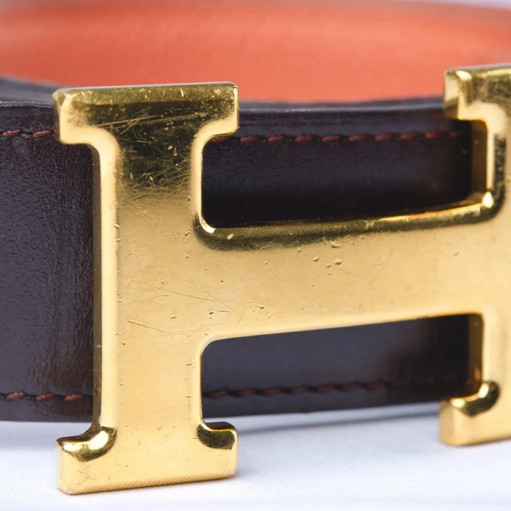 Hermès Orange/Chocolat Togo and Box Leather H Buckle Reversible Belt -'00s Orange Leather Good - Back View