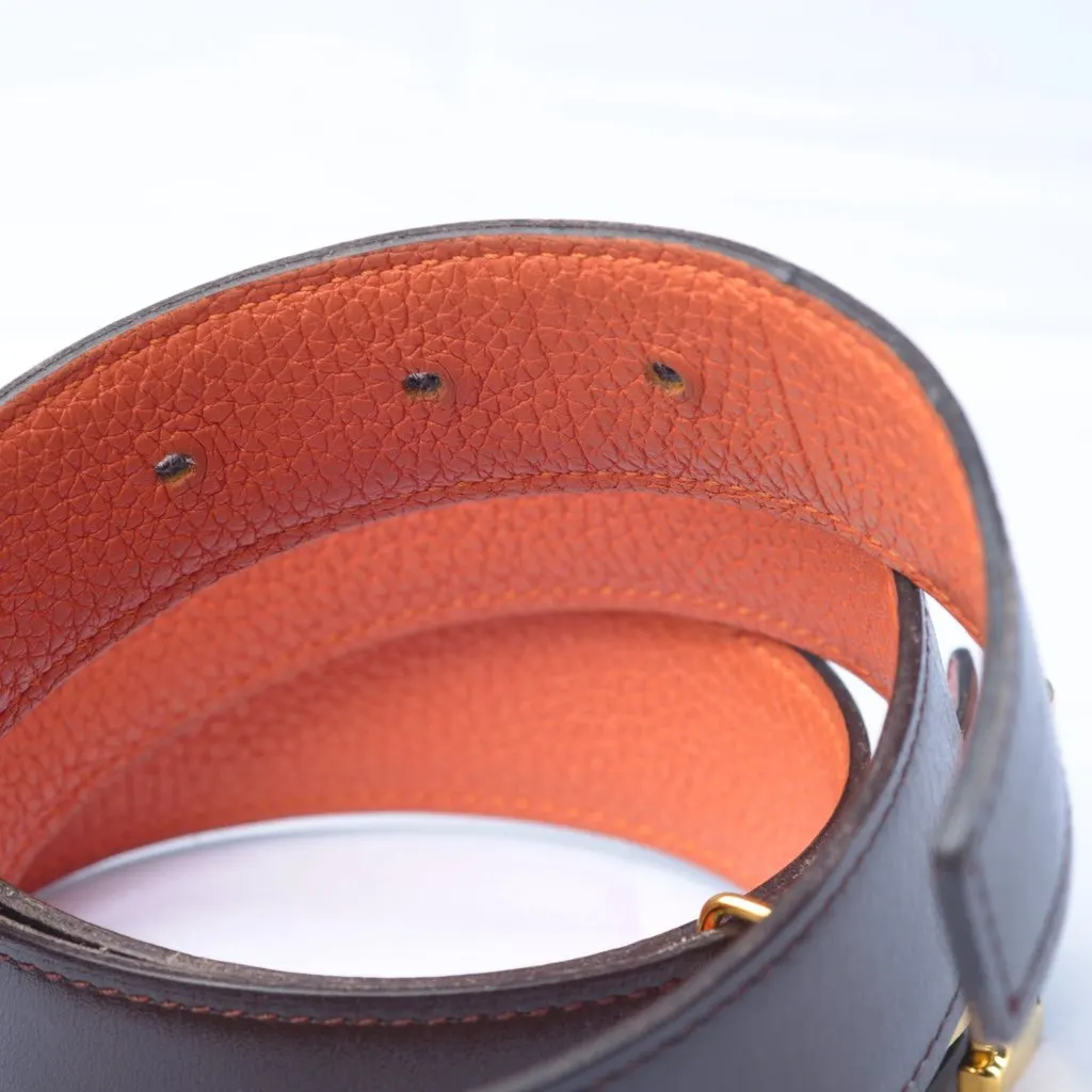 Hermès Orange/Chocolat Togo and Box Leather H Buckle Reversible Belt -'00s Orange Leather Good - Inside View