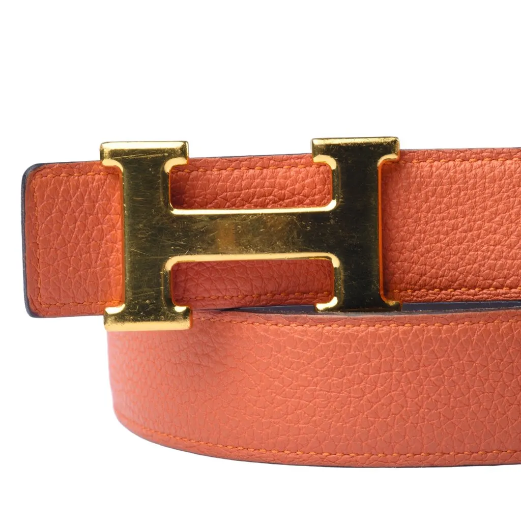 Hermès Orange/Chocolat Togo and Box Leather H Buckle Reversible Belt -'00s Orange Leather Good - Model View
