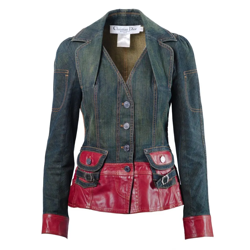 Christian Dior John Galliano Vintage Leather Embellished Denim Bar Jacket - '00s Red Leather Good - Front View