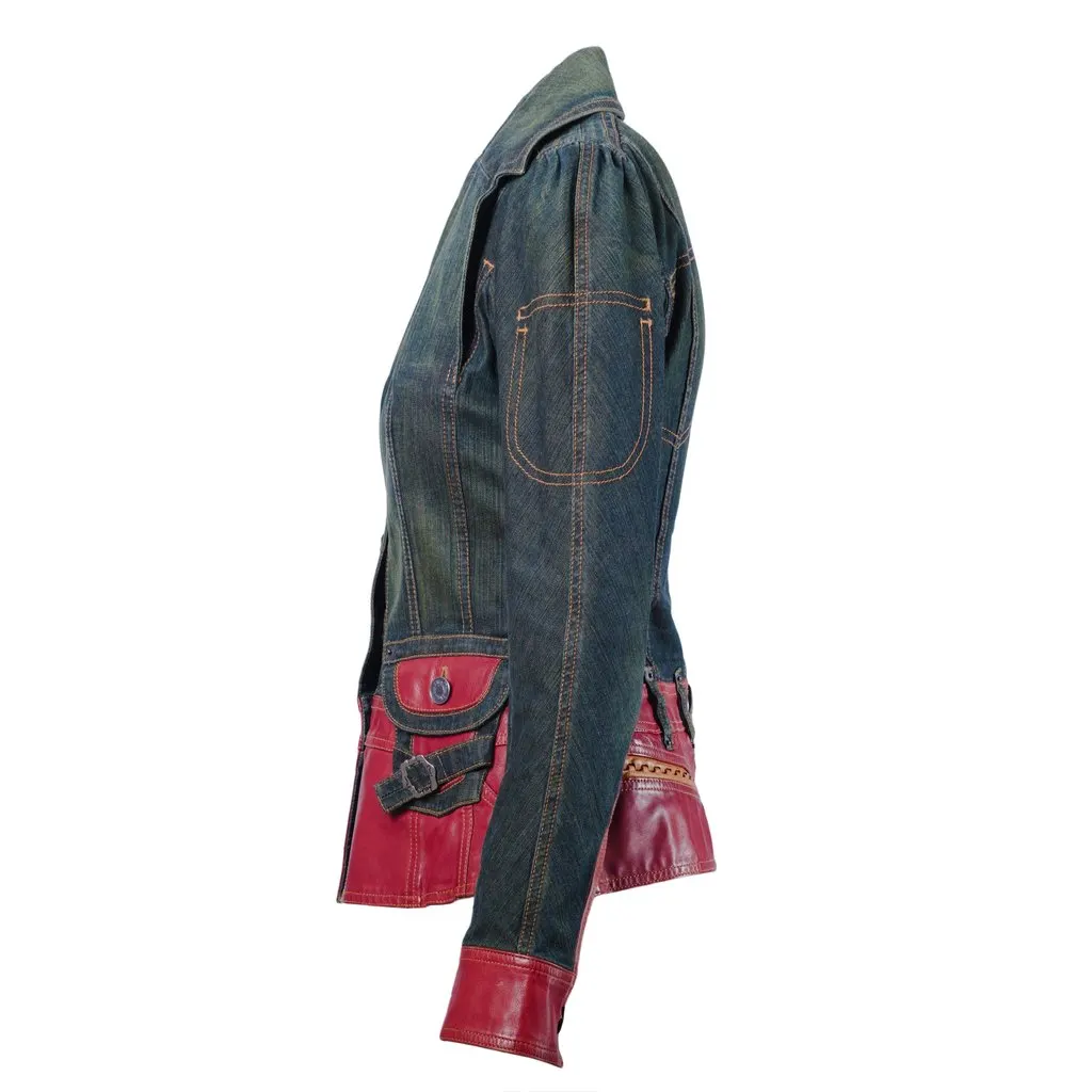 Christian Dior John Galliano Vintage Leather Embellished Denim Bar Jacket - '00s Red Leather Good - Back View