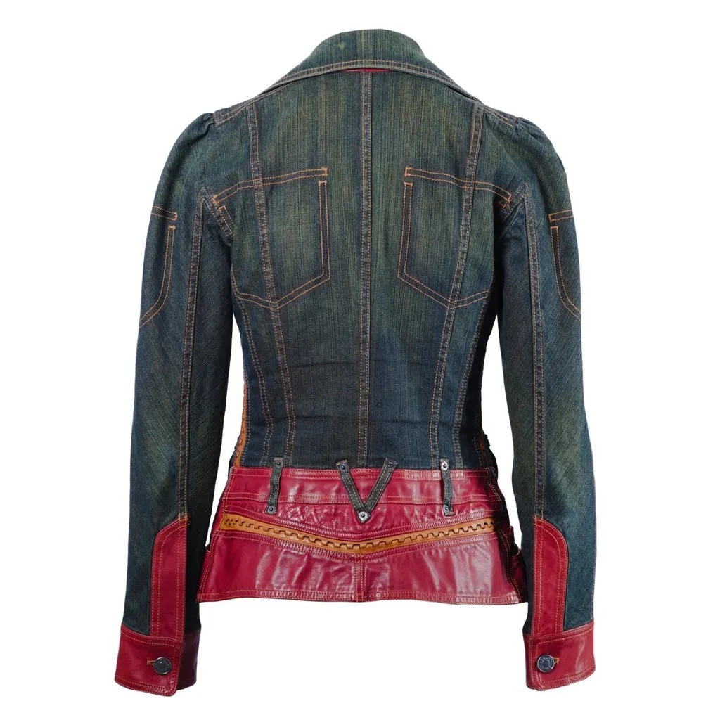 Christian Dior John Galliano Vintage Leather Embellished Denim Bar Jacket - '00s Red Leather Good - Inside View