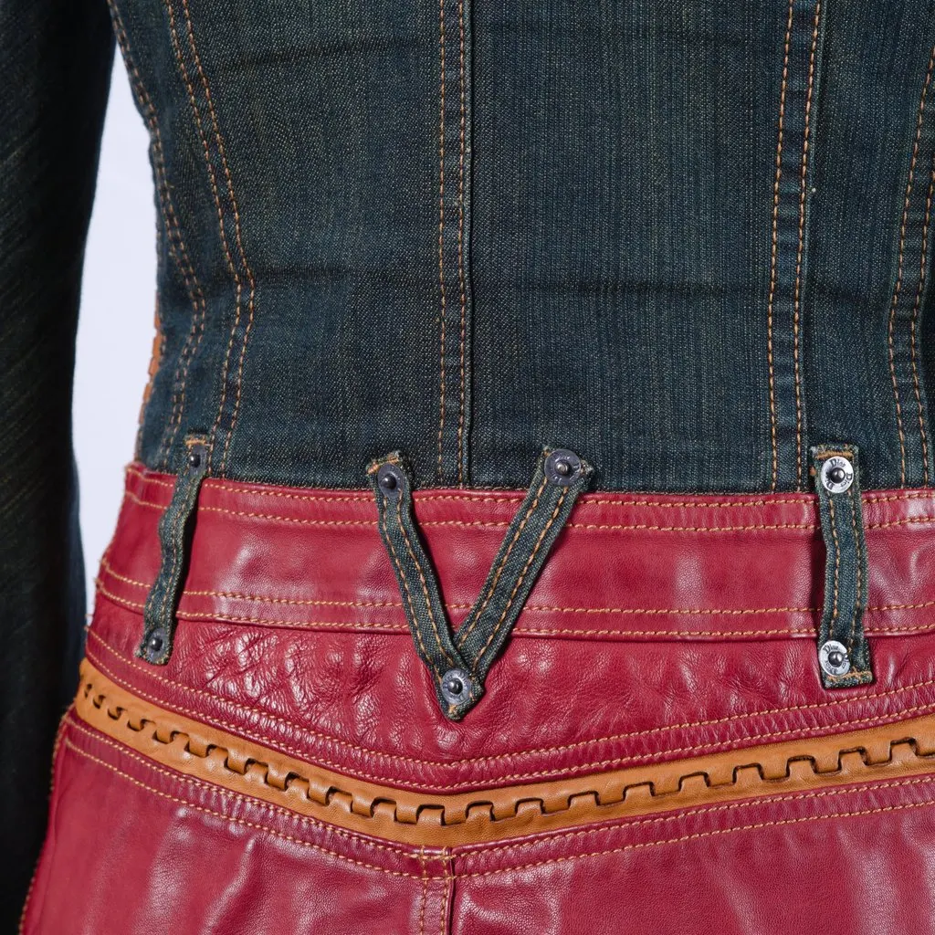 Christian Dior John Galliano Vintage Leather Embellished Denim Bar Jacket - '00s Red Leather Good - Model View