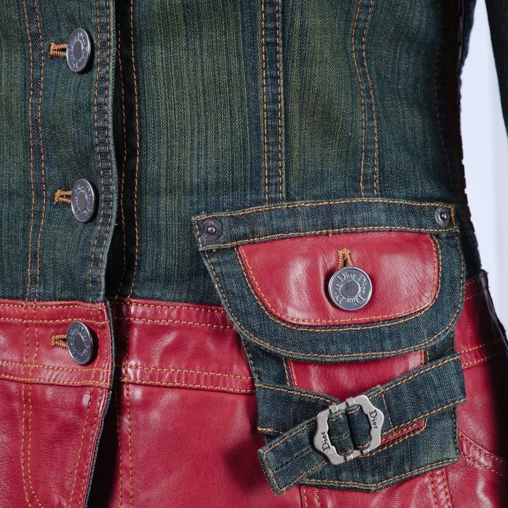 Christian Dior John Galliano Vintage Leather Embellished Denim Bar Jacket - '00s Red Leather Good - Box View