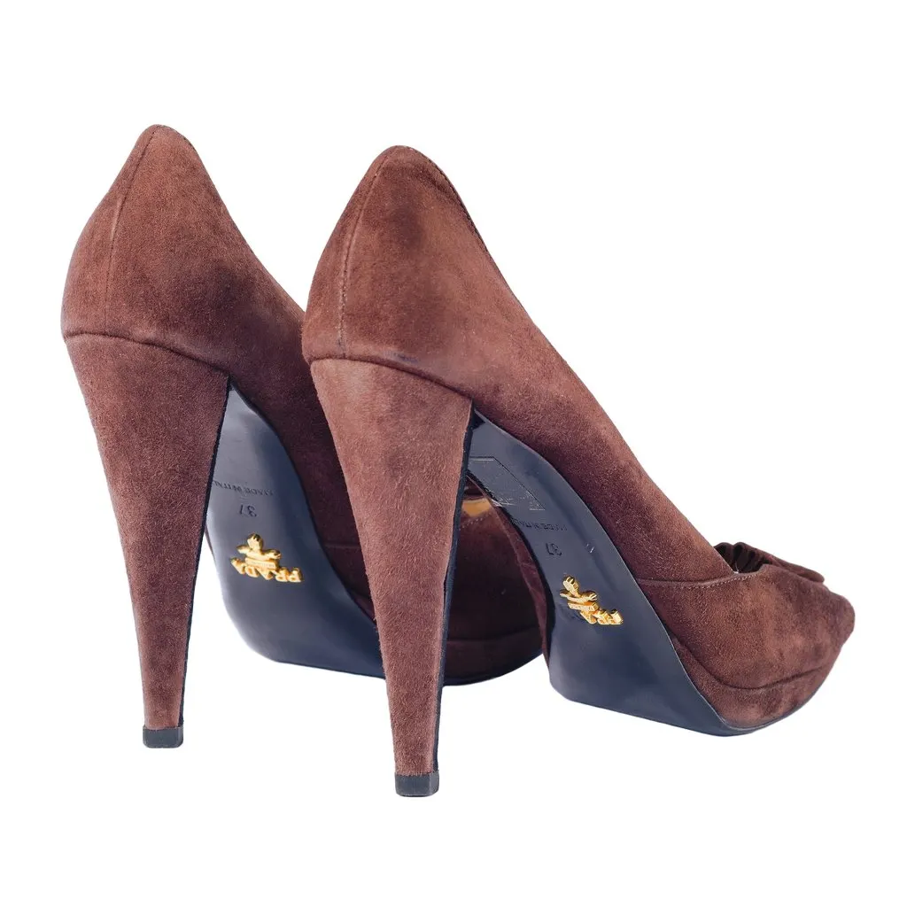 Prada Suede Ruffle Embellishment Pumps - '00s Brown Suede Good - Inside View