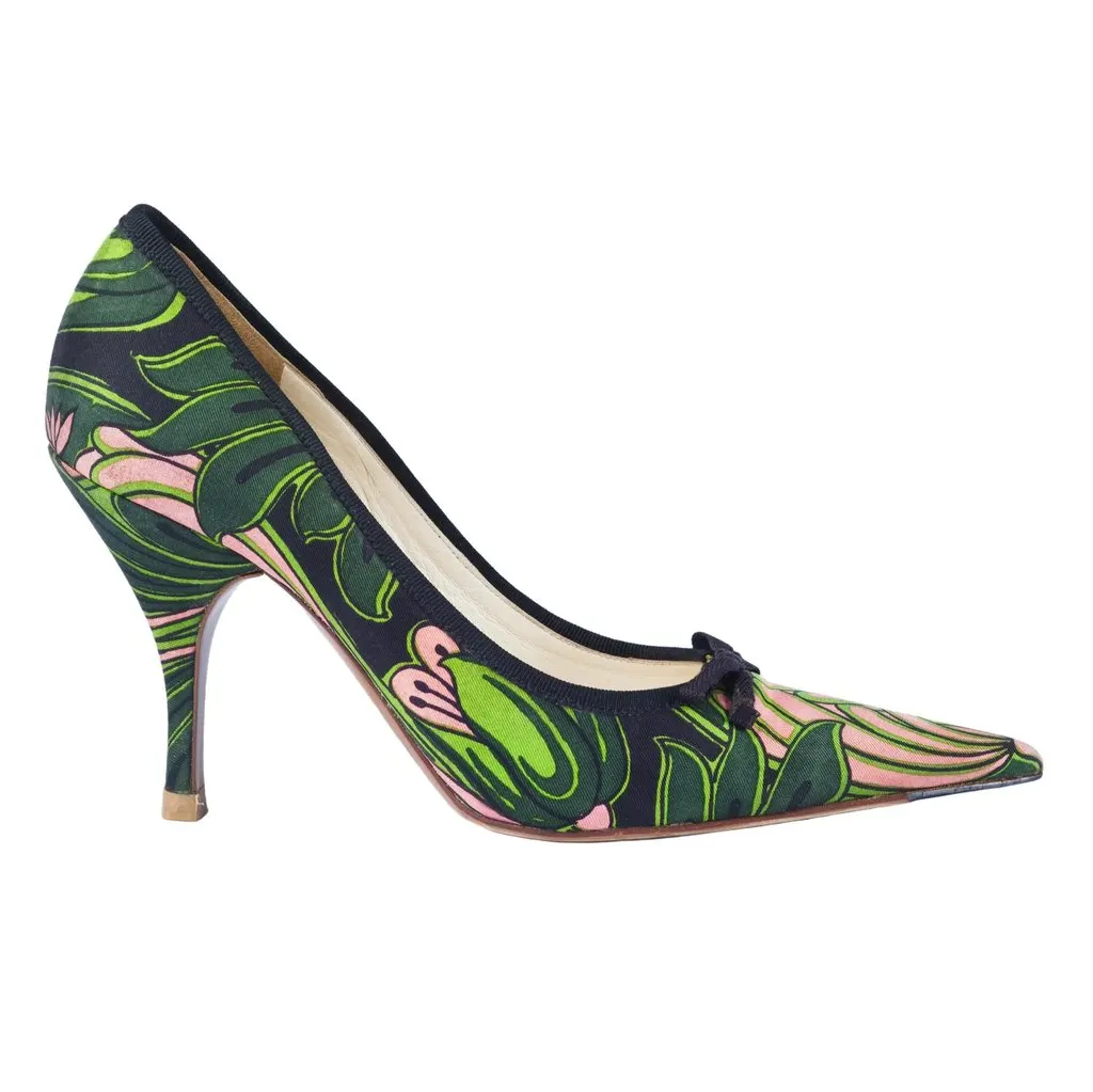 Prada Multicolor Canvas Bow Pointed Toe Pumps - '10s White Canvas Good - Front View