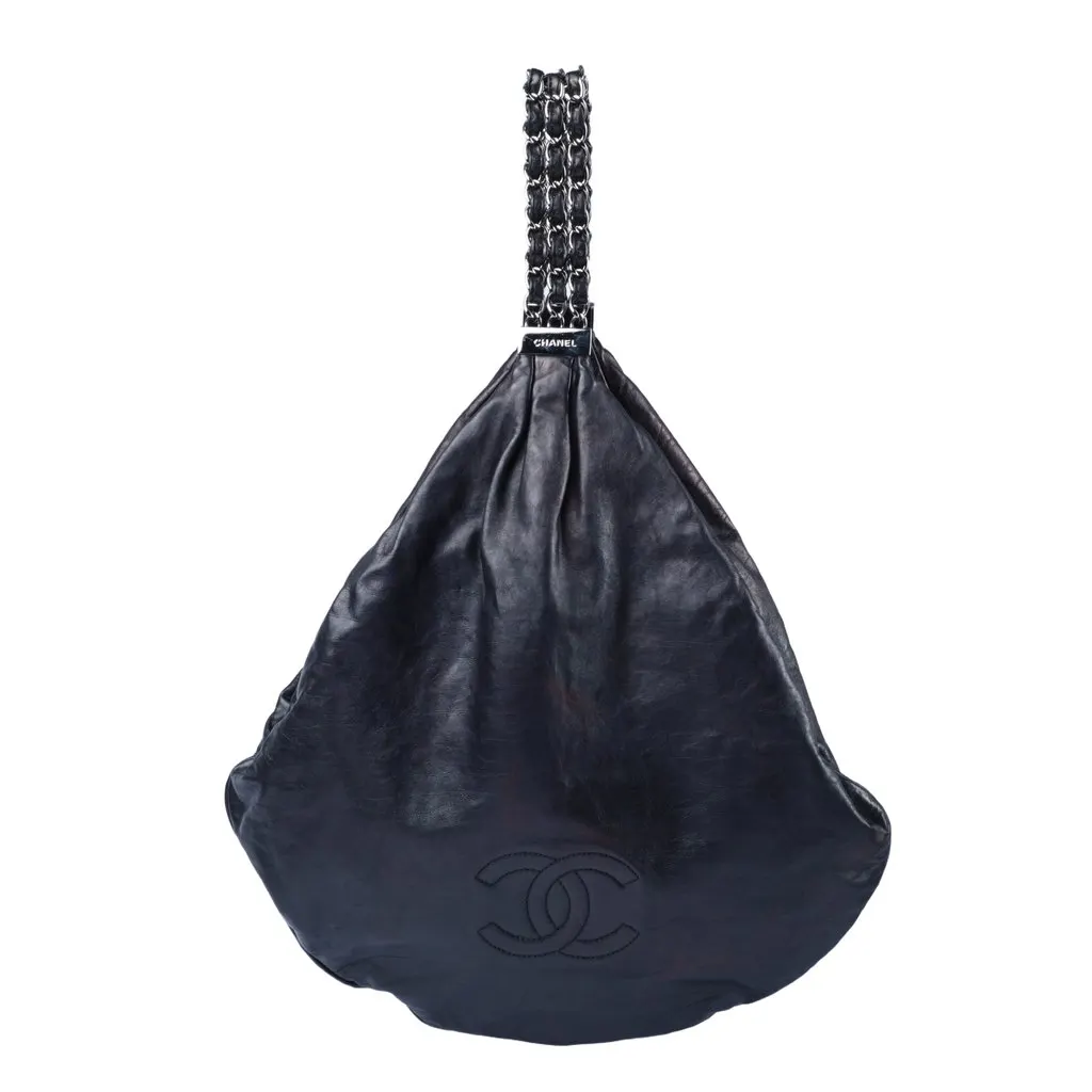 Chanel Rock & Chain Hobo Bag - '00s Black Satin Good - Front View