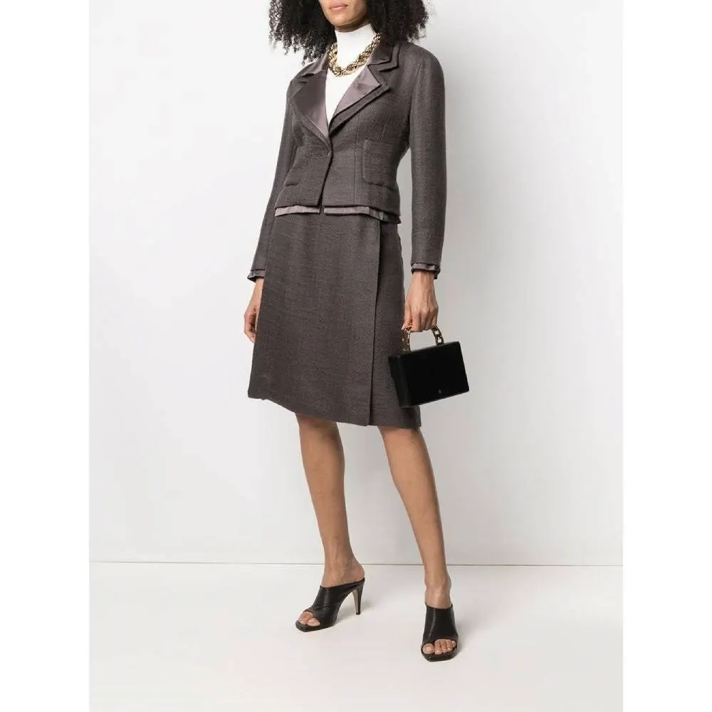 Chanel Grey Mohair Skirt Suit - '90s Grey Silk Good - Model View
