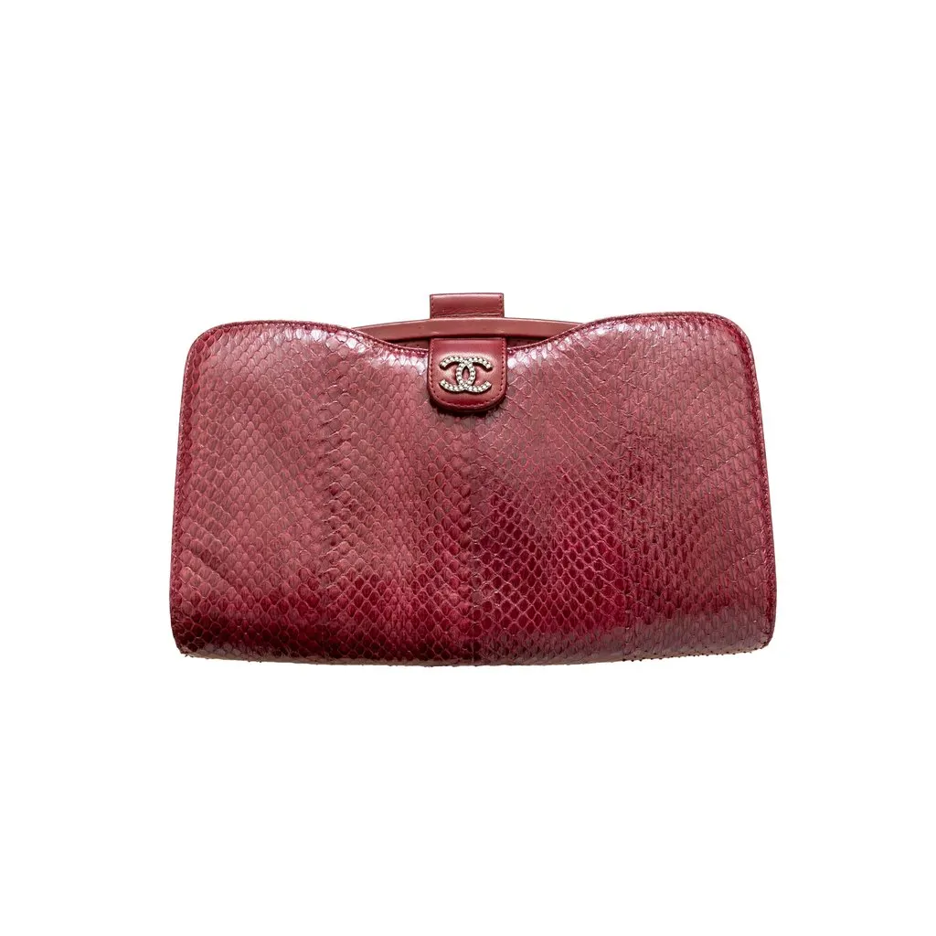 Chanel Leather Lambskin Python Handbag - '10s Burgundy Leather Good - Front View