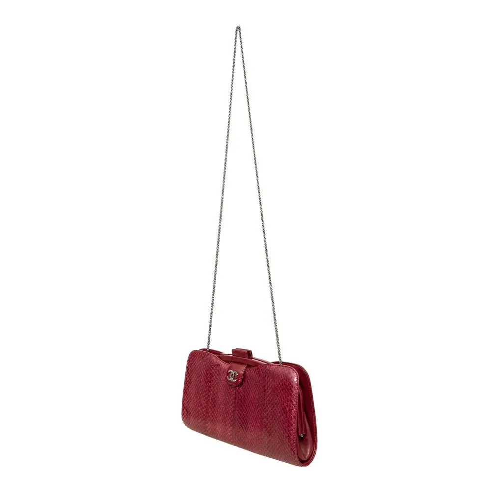 Chanel Leather Lambskin Python Handbag - '10s Burgundy Leather Good - Model View