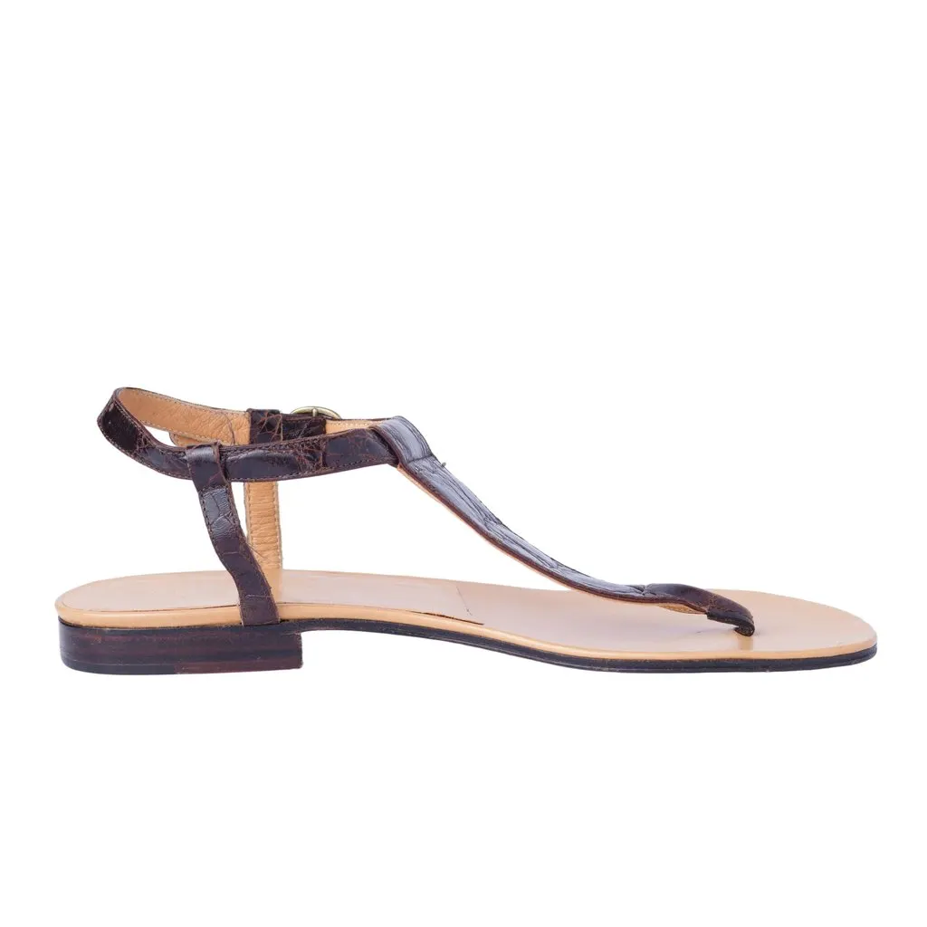 Ralph Lauren Collection Crocodile-Embossed Leather T-Bar Sandals - '10s Brown Leather Good - Front View