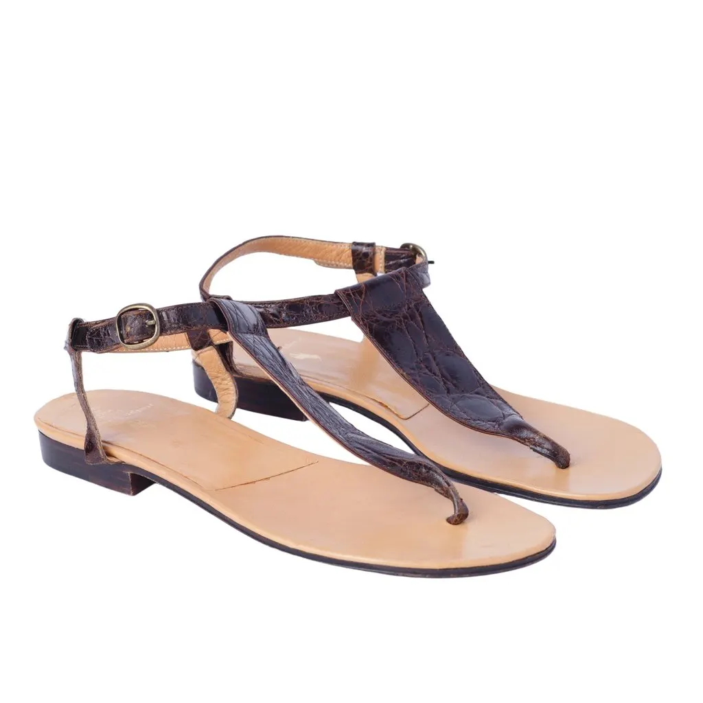 Ralph Lauren Collection Crocodile-Embossed Leather T-Bar Sandals - '10s Brown Leather Good - Back View