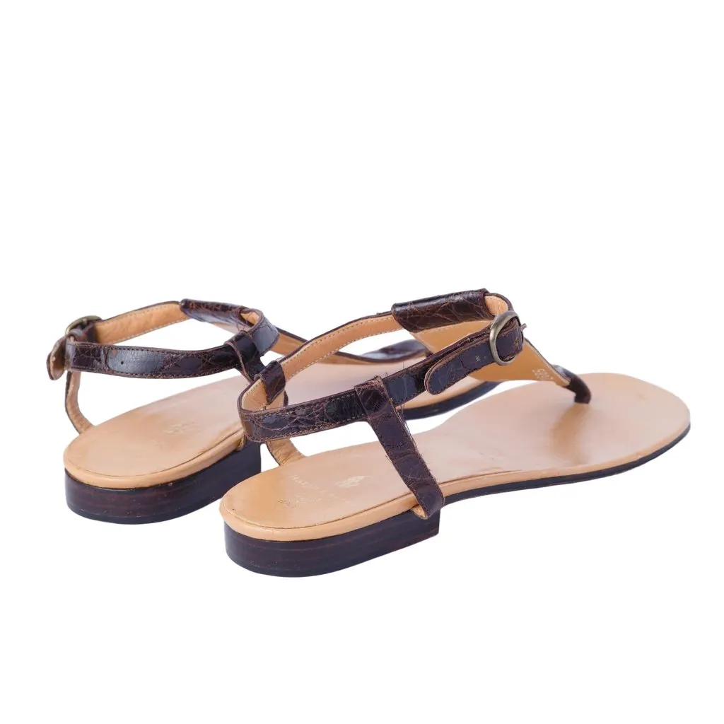 Ralph Lauren Collection Crocodile-Embossed Leather T-Bar Sandals - '10s Brown Leather Good - Inside View