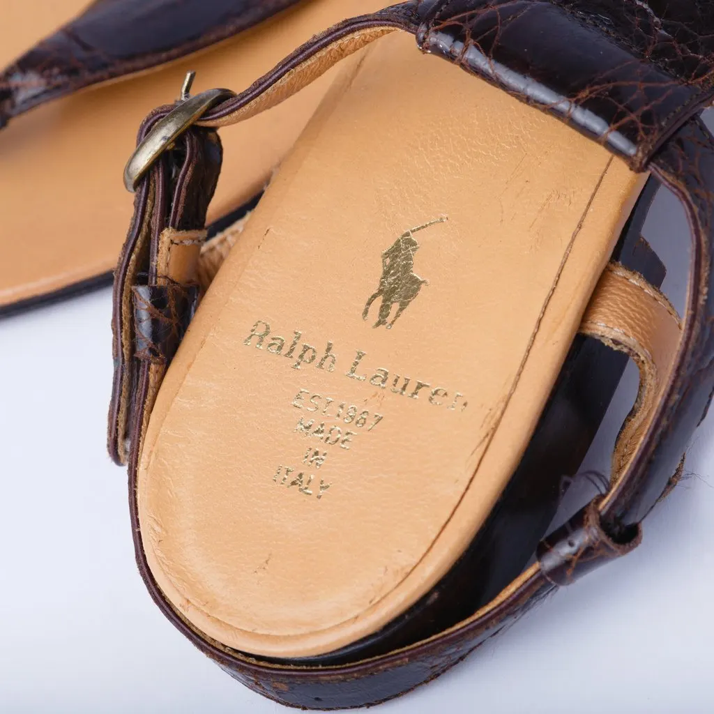 Ralph Lauren Collection Crocodile-Embossed Leather T-Bar Sandals - '10s Brown Leather Good - Model View