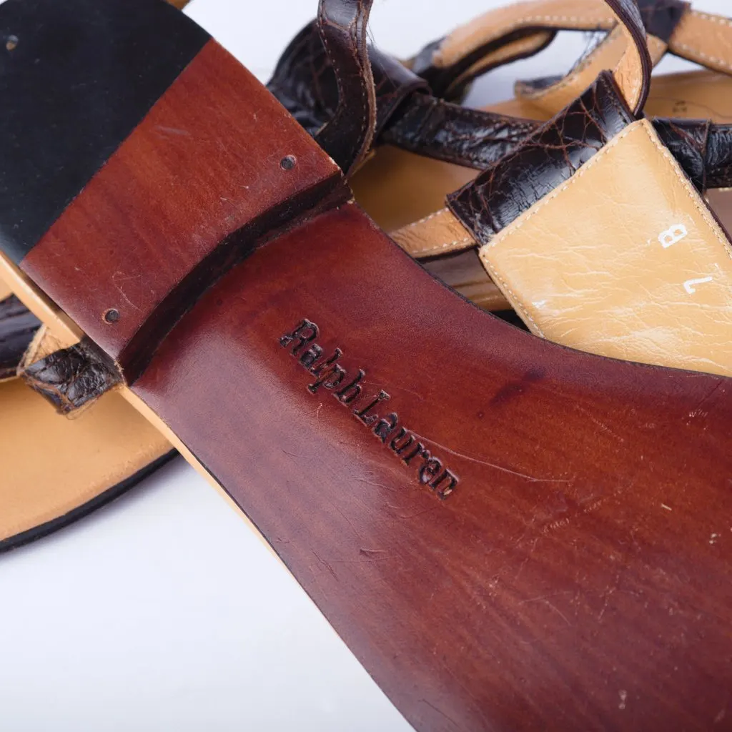 Ralph Lauren Collection Crocodile-Embossed Leather T-Bar Sandals - '10s Brown Leather Good - Box View