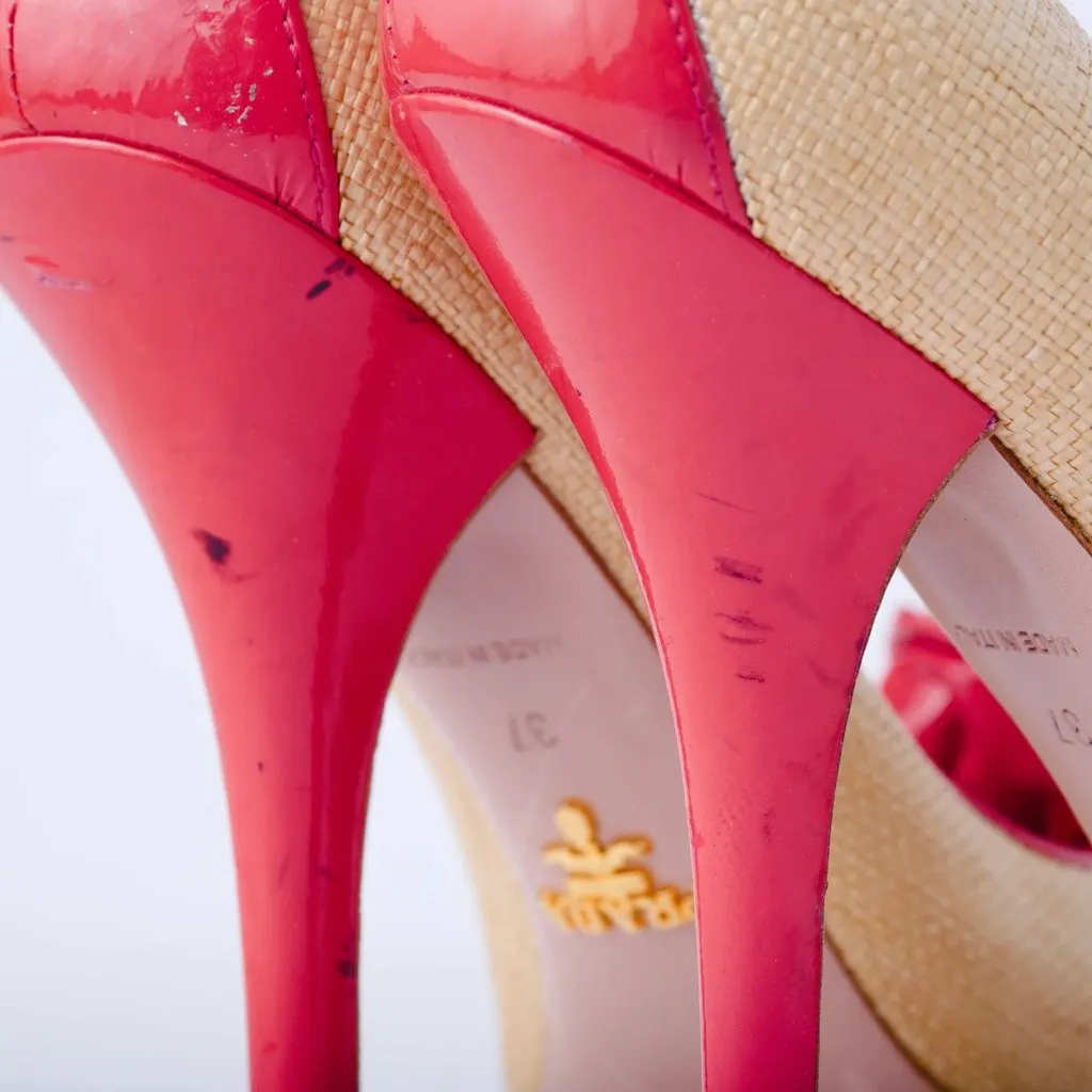 Prada Raffia & Patent Leather Peep-Toe Pumps - '00s Red Leather Good - Model View